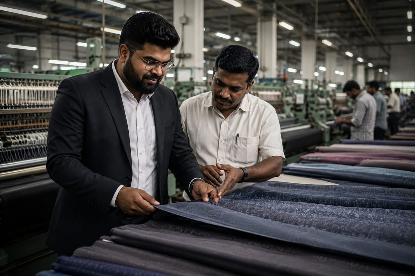 Team reviewing textile production