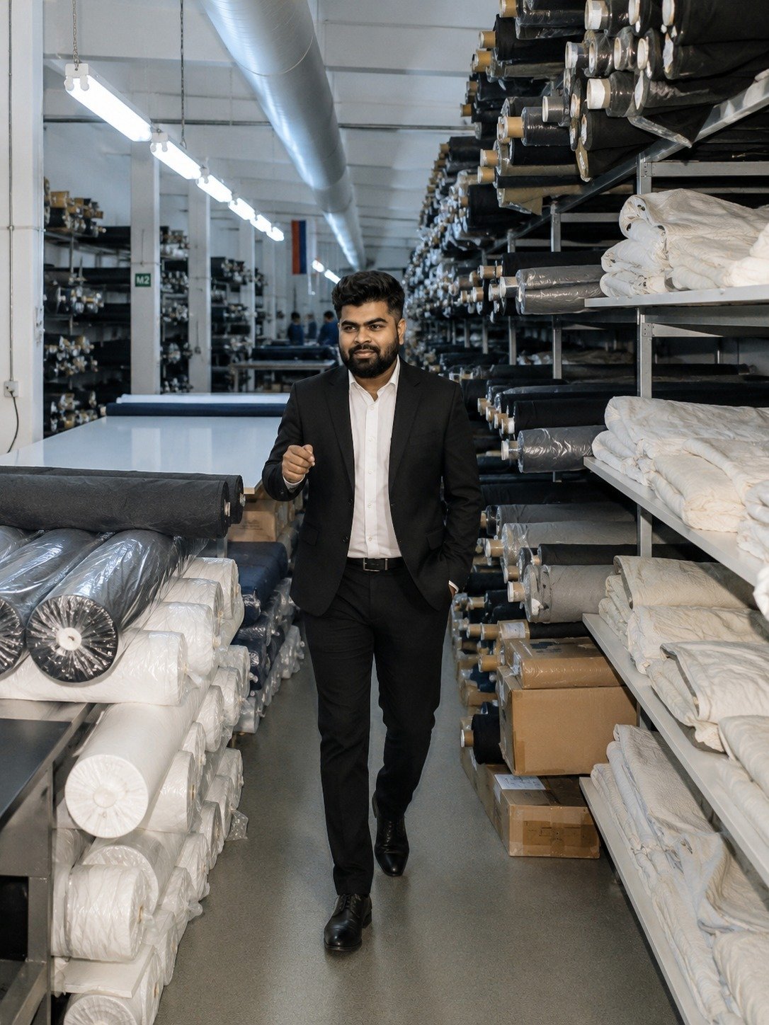 Abdul Basik M walking through the Dar Al Awafi textile warehouse