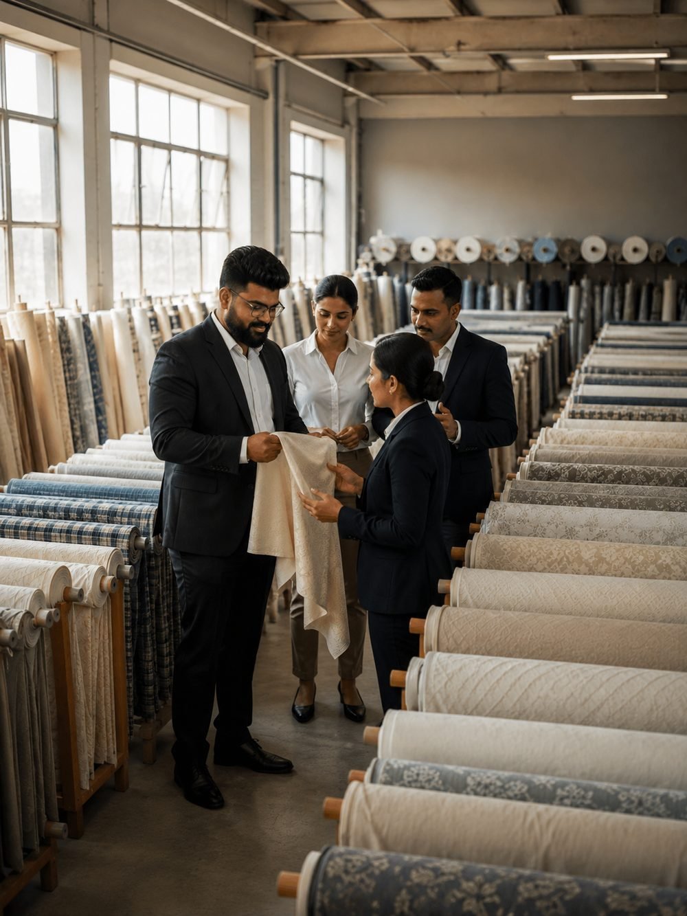 Sourcing team reviewing fabric rolls